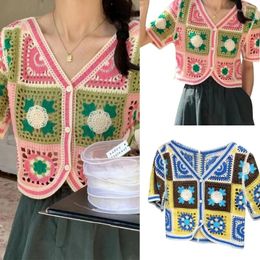 Women's Hoodies Sweater Crop Cardigan Knit V-neck Shrug Tops Button Down Lightweight Hollow-Out Flower Cardigans Sweatshirt Ethnic Style