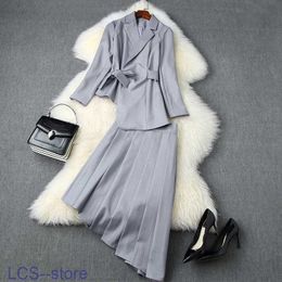 Two Piece Dress 2020 Fall Autumn Long Sleeve Notched-lapel Grey Pure Colour Waist Belt Blazers + Pleated Asymmetry Skirt 2 Pieces Set Lag1211171