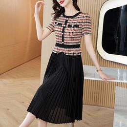 Party Dresses Summer Black Pleated Patchwork Bird Lattice Midi Dress Women Korean Vintage Hepburn Prom 2023 Elegant Bodycon Formal