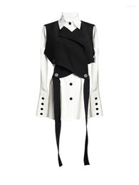 Women's Blouses Women Black Bandage Vest Two Piece Blouse Lapel Long Sleeve Loose Fit Shirt Fashion Tide Spring Autumn 2023