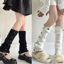Women Socks Japanese Slouchy Side Button Down Ruffle Knee High Long
