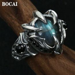 Solitaire Ring BOCAI 925 Silver Labradorite Natural Stone Trendy Animal Claw Index Finger For Man Retro Punk Mighty Adjustable Siz 230616