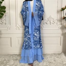 Ethnic Clothing Open Abaya Dubai Women Muslim Dress Print Ramadan Chiffon Kaftan Kimono Islam Sash Long Robe Jilbab Khimar Abayas 2023