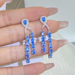 Stud Earrings Elegant Hollow Sapphire Oval Tassel Small Full Diamond Earring For Women Zircon Silver Plated Anniversary Gift Jewellery