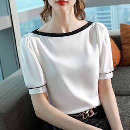 Women's T Shirts Short Sleeved Chiffon Shirt For Women's Summer 2023 Style One Shoulder Colour Contrast Small French Satin Top