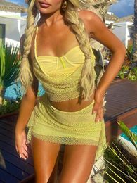 Two Piece Dress Sexy Halter Mesh Hollow Out 2 Sets Top And Skirts Summer Y2k Outfits Elegant Chic Sleeveless Co-ords