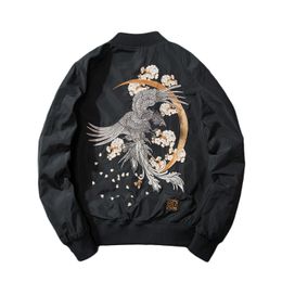 Embroidery Bomber Jacket Men Thin Bird Floral Pilot Jacket Male Japan Harajuku Baseball Jacket Spring Autumn Streetwear 201218