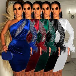 Casual Dresses Sexy Women One Shoulder Rhinestone Club Dress Patchwork Shiny Blue Mini Party Vestidos