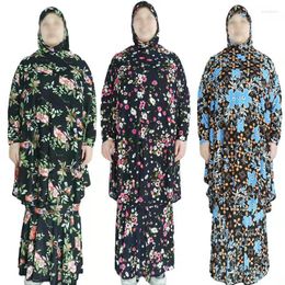 Ethnic Clothing Dress Two Piece Suit Hooded Print Flowers Eid Muslim Women Loose Abaya Party Dresses Ramadan Abayas Caftan Kaftan Vestidos