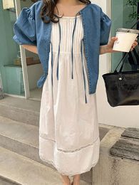 Work Dresses Woman Dress Suit Korean Chic Summer Age-reducing Lace Puff Sleeve Denim Shirt Pleated Design Suspender