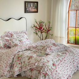 Bedding Sets Cotton Ruffle Duvet/Quilt Cover Set Elegant And Vintage Pink Rose Floral Lovely Chic 4Pcs Bed Sheet Pillowcases