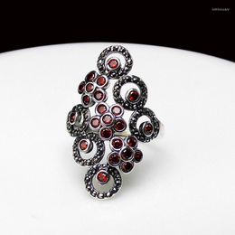 Cluster Rings S925 Sterling Silver Plum Blossom Opening Red Pomegranate Ring Retro Thai Green Crystal