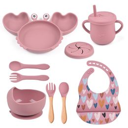Cups Dishes Utensils 9Pcs Baby Silicone Non-Slip Suction Bowl Plate Spoon Waterproof Bib Cup Set Baby Crab Dishes Food Feeding Bowl for Kids BPA Free 230615