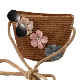 Storage Bags Kids Straw Bag Little Girls Cute Flower Shoulder Girlish Woven For Outdoor Activities