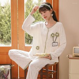 Women's Sleepwear 2023 Pajamas Set Women Spring Autumn Long Sleeve Home Wear Korean Casual Cotton Cardigan Ladies Suit WPS021