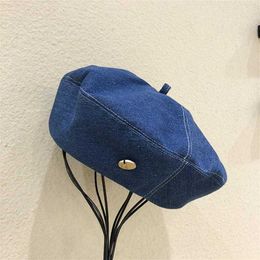 Berets Women's Denim Beret Hat Jeans Berets Painter Hats Spring Beanie Hat Retro Octagonal Cap Female Ladies Outdoor Leisure Visor Caps Z0613