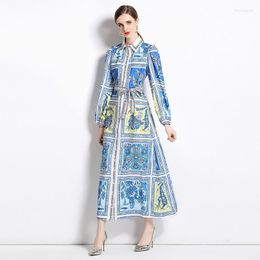 Casual Dresses Boho Women Midi Dress Spring 2023 Single Breasted Long Sleeve Lapel Shirt With Belt Retro Floral Printed Robe G693