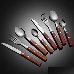 Spoons Wood Handle Spoon Fork Knife Cutlery Set Stainless Steel Home Kitchen Dining Flatware Ice Cream Dessert Steak Forks Tableware Dhsyw