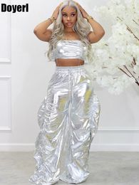 Women's Two Piece Pants Gold Sliver Metallic Birthday Outfits Women Two Peice Sets Club Party Crop Top and Pants Streetwear Hip Hop Rave Festival Outfit 230615