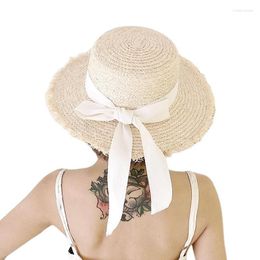 Wide Brim Hats Fashion Straw Hat Women Sun Protection Beach Girls Ribbon Bowknot Casual Ladies Flat Top Panama