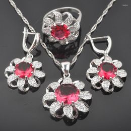 Necklace Earrings Set 2023 Red Zirconia Women's Silver Colour Pendant Rings Engagement Gift QZ0353