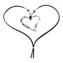 Pendant Necklaces N58F Big Silver Colour Heart Long Leather Necklace Boho Women Statement Ethnic