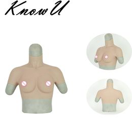 Breast Form B Cup Short Sleeve Silicone Fake Breast Form Boobs with High Collar for Transgender Crossdressers 230616