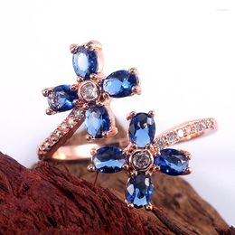 Wedding Rings Seanlov Fashion Dark Blue Cubic Zircon Flowers Finger Rose Gold Color Ring For Women Adjust Crystal Jewelry