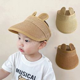 Cute Rabbit Ear Baby Straw Hat Summer Empty Top Wide Brim Visor Caps For Kids Girls Boys Adjustable Floppy Beach Cap