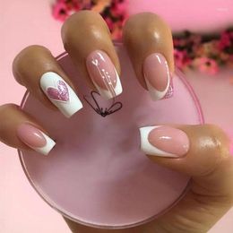 False Nails White French Pink Glitter Powder Love Heart Wearable Fake Square Full Cover Finished Press On With Glue
