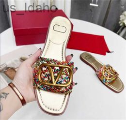 Slippers Designer New Gold Letter Buckle Slippers Ladies Leather Sandals Colour White Black Grey Green Soft Pink Sail Summer Beach Shoes Size 35-43 J230616