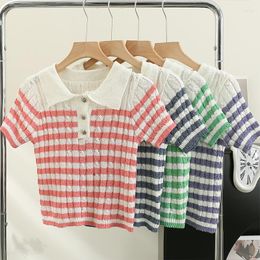 Women's T Shirts Summer Short Sleeve Women Knitted Striped Tee Shirt Girl POLO Collar Crop Top