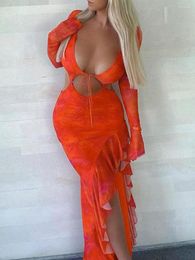 Casual Dresses Women Sexy Sheer Mesh See Through Ruffles Tube Dress 3D Floral Tassels High Split Strapless Bodycon Maxi Long Orange