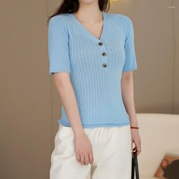 Women's Sweaters Women's Mulberry Silk Knit Tops Spring & Summer Slim Sheep Wool Knitwear Ladies Elastic Tee Shirts Short Sleeved