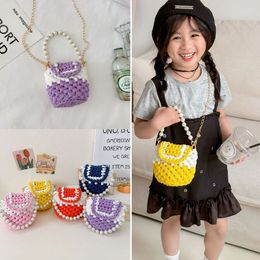 Children's hand-woven handbag Cute Princess Wind hand handbags Girls' straddle tote kids pearl bags