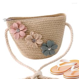 Storage Bags Kids Straw Bag Flower Summer Beach Woven Tote Fashion Purses Crossbody Cute Girlish For Girls