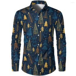 Men's Casual Shirts Blue Christmas Tree Pattern 3D Printing Hawaiian Men's Long Sleeve Lapel Button Down Shirt Classic Comfortable