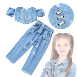 Clothing Sets Kids Infant Shorts Sleeve Suit Girl'S Off The Shoulder Short Drawstring Wipe Chest Top Denim Ripped Long Pants Belt