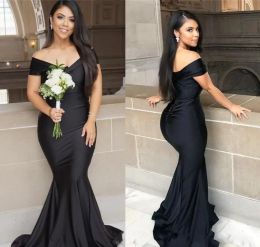 Mermaid Long Black Prom Bridesmaid Dresses Plus Size Off Shoulder Floor Length Garden Maid Of Honor Party Guest Evening Gown