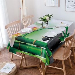 Table Cloth Zen Stones Orchids Flower Green Bamboo Tablecloth Waterproof Dining Rectangular Round Home Kitchen Decoration
