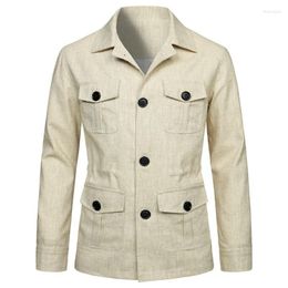 Men's Suits Spring 2023 Men's Multi-pocket Cargo Jacket Linen British Vintage Blazer Men