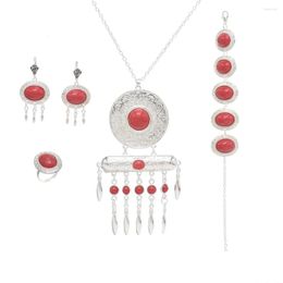 Necklace Earrings Set Vintage Choker Bracelet Ring Red Acrylic Gem Afghan Traditional Dress Turkish Ethnic Bride Wedding Jewellery