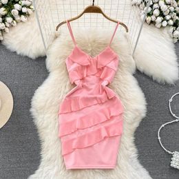 Casual Dresses Sexy Off-shoulder Suspender Dress For Nigth Club Party Fashion Slim A Line Ruffle Mini Short Sleeveless Pink Kawaii