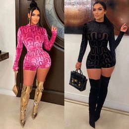 Women's Jumpsuits Rompers Echoine Autumn Winter Velvet print Long Sleeve O neck Playsuit Women Clubwear Sexy Skinny Elegant Shorts Jumpsuit Overalls 230617