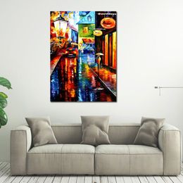 Modern Canvas Art Street Scenes Trapped Inside Blue Rain Hand-painted Oil Paintings Living Room Decor