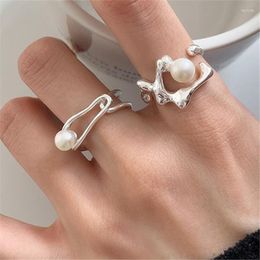 Cluster Rings HUANZHI Y2k Laminated Pearl Silver Plated Irregular Female Fashion Design Opening Double Index Finger Pin S