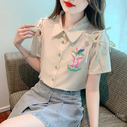 Women's Blouses Korean Fashion Printed Short-Sleeved Chiffon Shirt For Women Summer 2023 Lace-up Blouse Tops Chic Beautiful Button