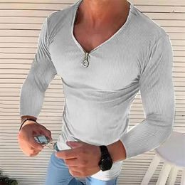 Men's T Shirts Men T-Shirt Solid Color Long Sleeve Ribbed Tees Tops Streetwear Spring Autumn Slim Fit Zipper V Neck For Male Clothing