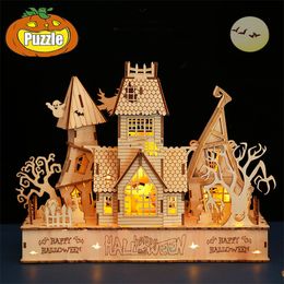 3D Puzzles 3D Halloween Haunted House Wooden Puzzle Ghost Tree House Light DIY Model Craft Kits Desk Decoration Toys Gift For Kids 230616