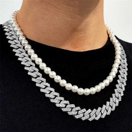 Strands Hip Hop Men Women Iced Out Prong Cuban Link Chain with Imitation Pearls Chokers Necklace Cz Bear Pendant Necklaces Jewelry Gift 230613